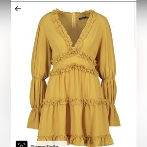 Gold ruffle skater dress.